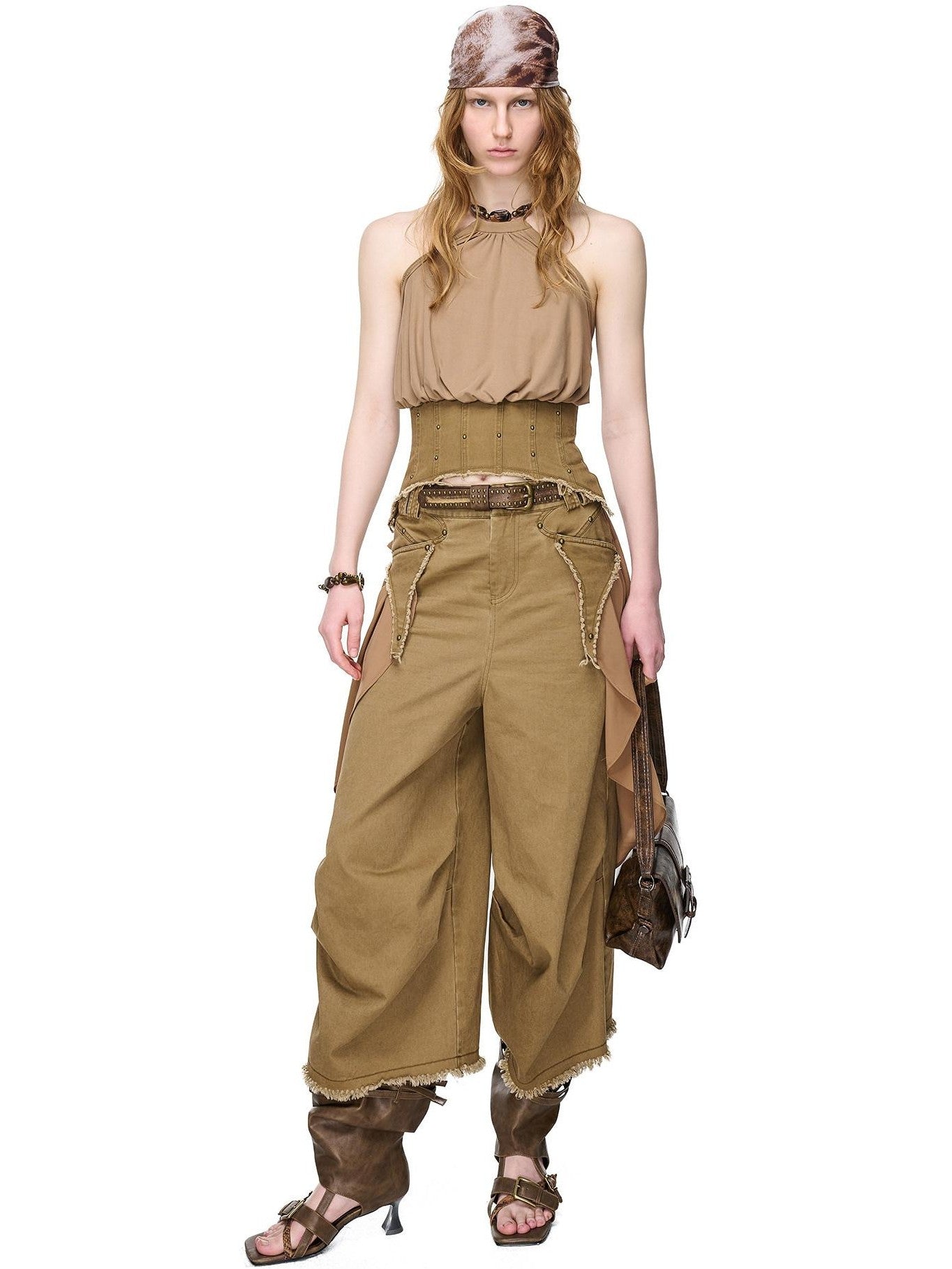 NORTH NODE Washed Gabardine Patchwork Cinched Waist Women&