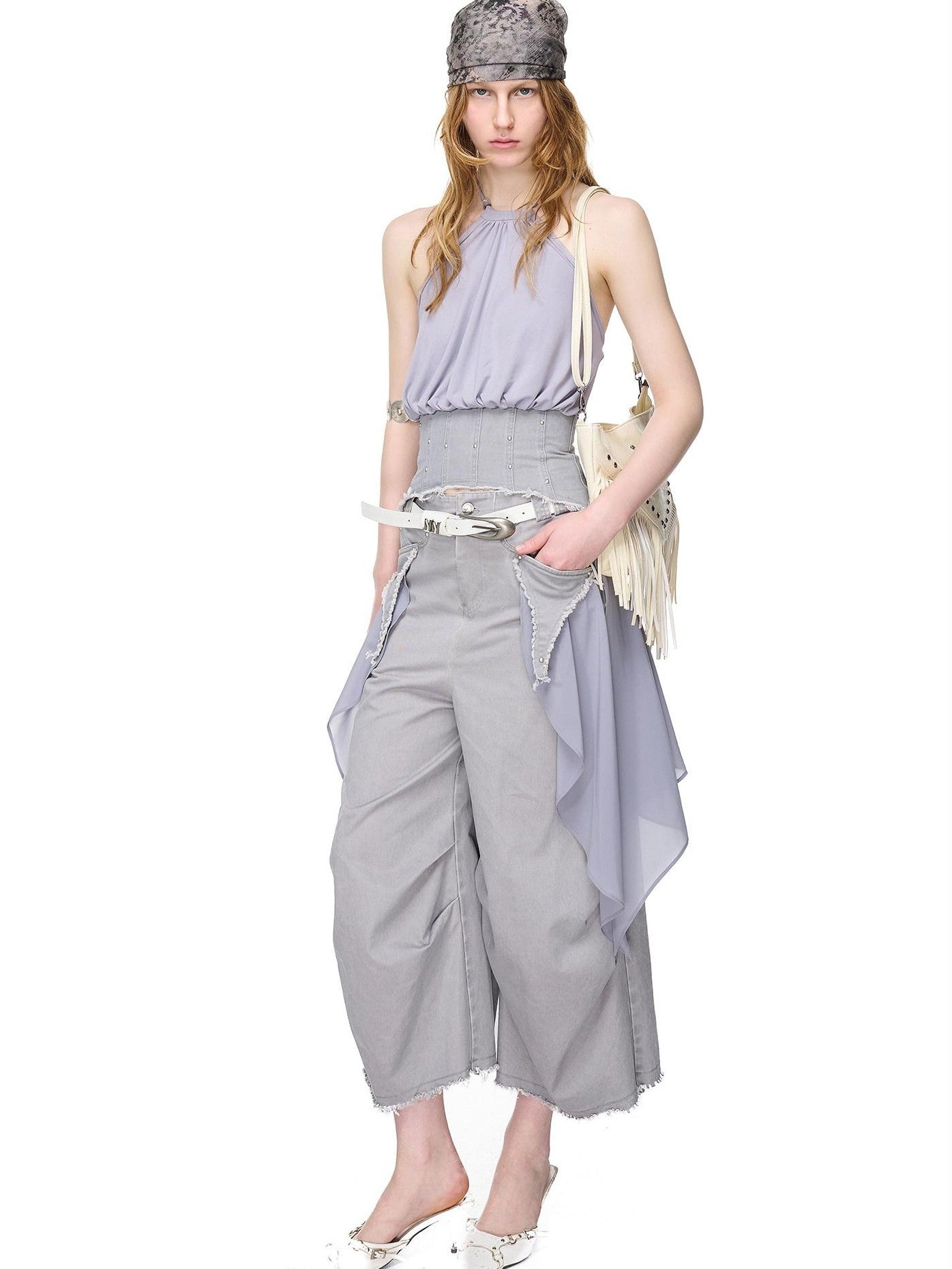 NORTH NODE Washed Gabardine Patchwork Cinched Waist Women&