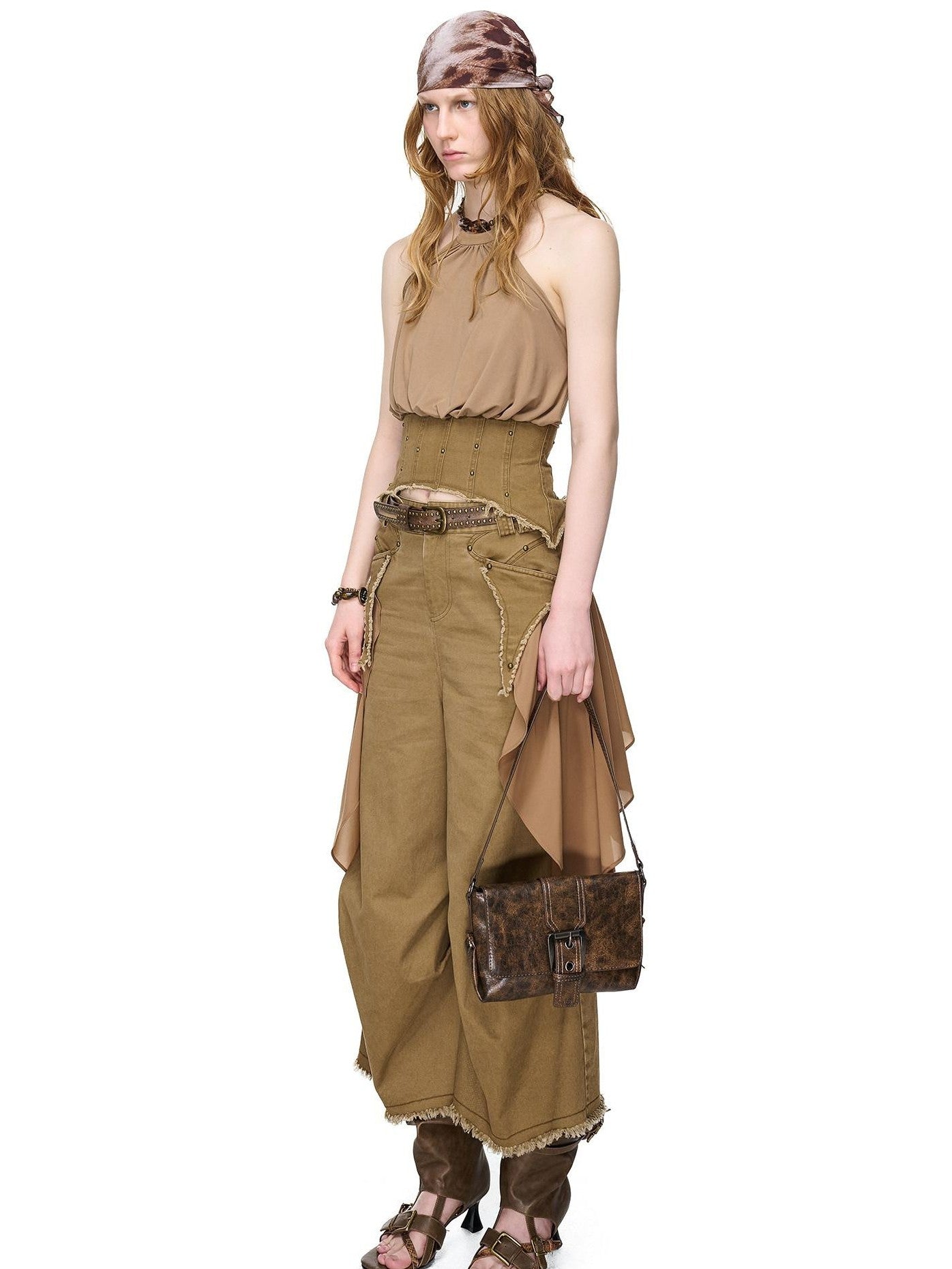 NORTH NODE Washed Gabardine Patchwork Cinched Waist Women&