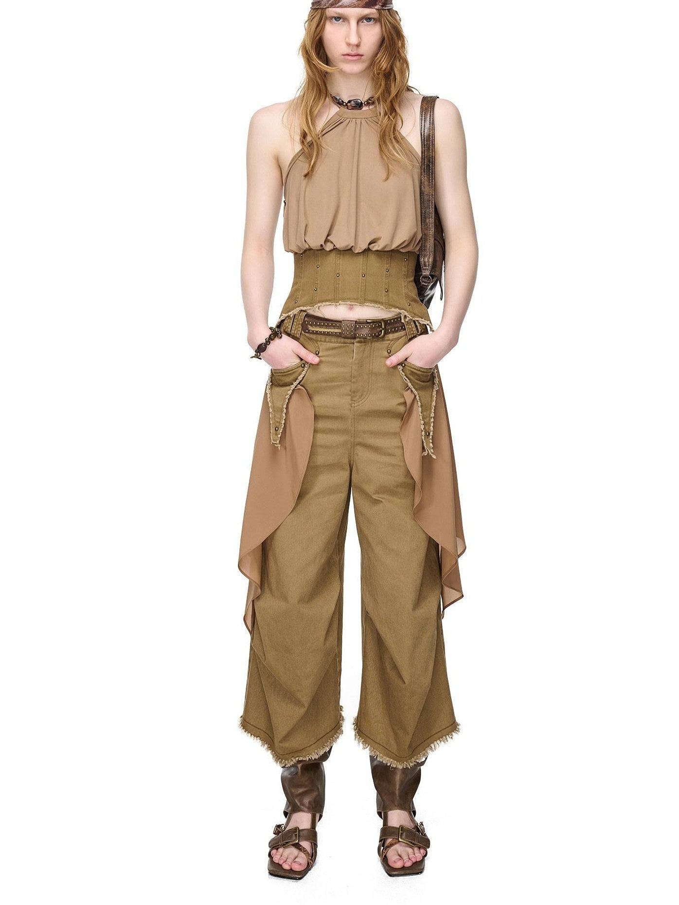 NORTH NODE Washed Gabardine Patchwork Cinched Waist Women&
