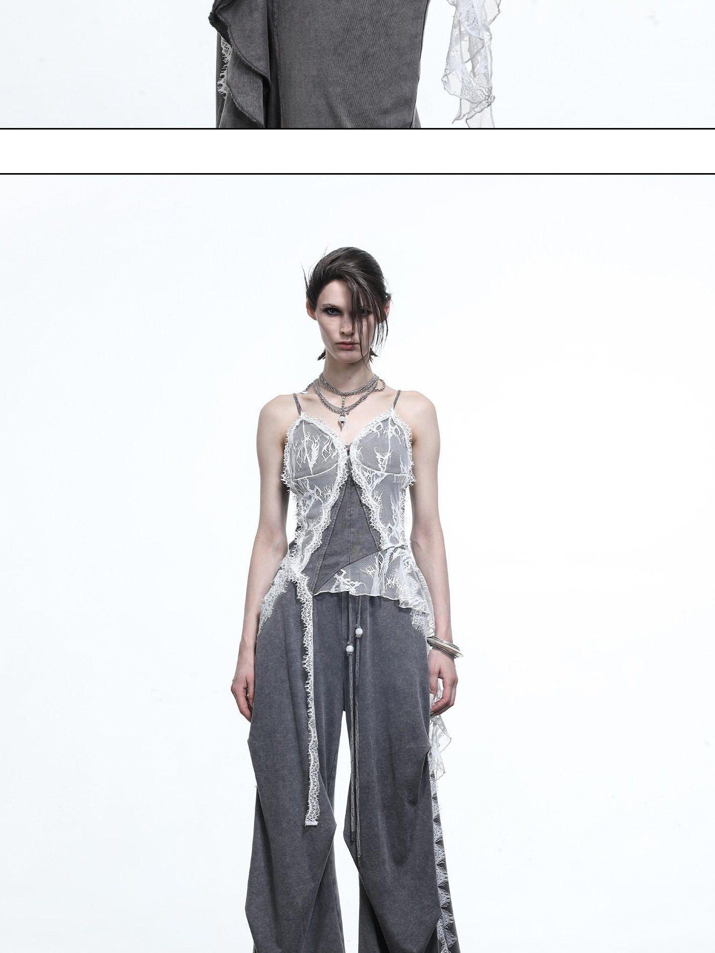 NORTH NODE Washed Lace Patchwork Asymmetric Ruffle V-neck Women&