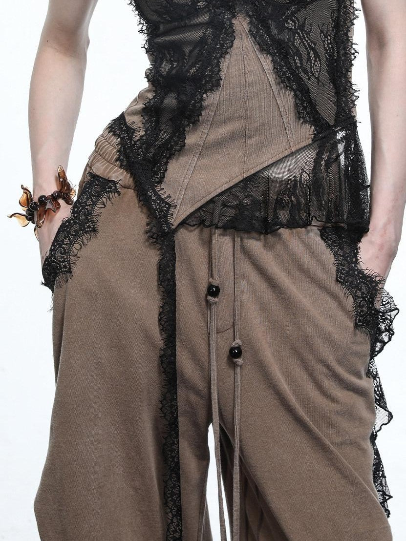 NORTH NODE Washed Lace Patchwork Asymmetric Ruffle V-neck Women&
