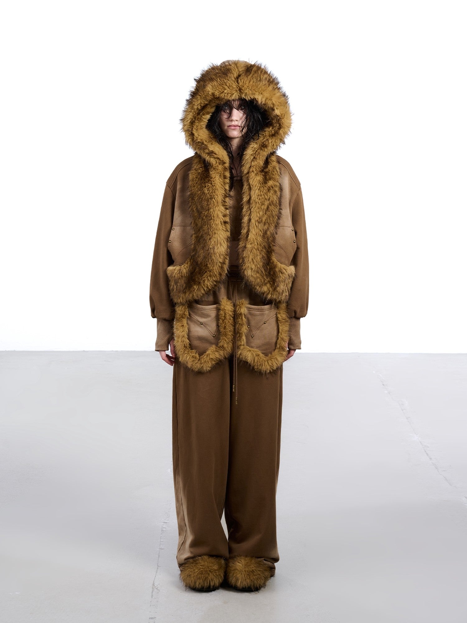 NORTH NODE Washed Patchwork Faux Fur Big Pocket Women&