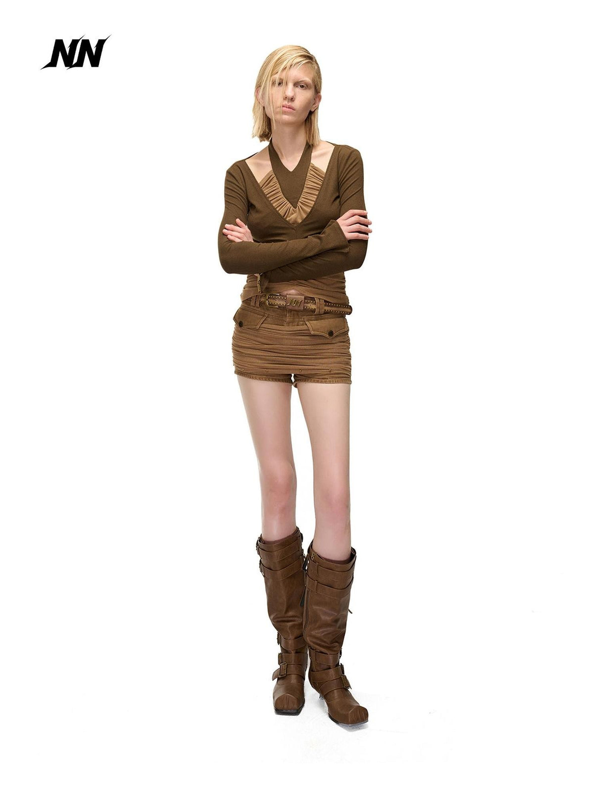 NORTH NODE Washed Pleated Patchwork Slim Fit Cotton Women&