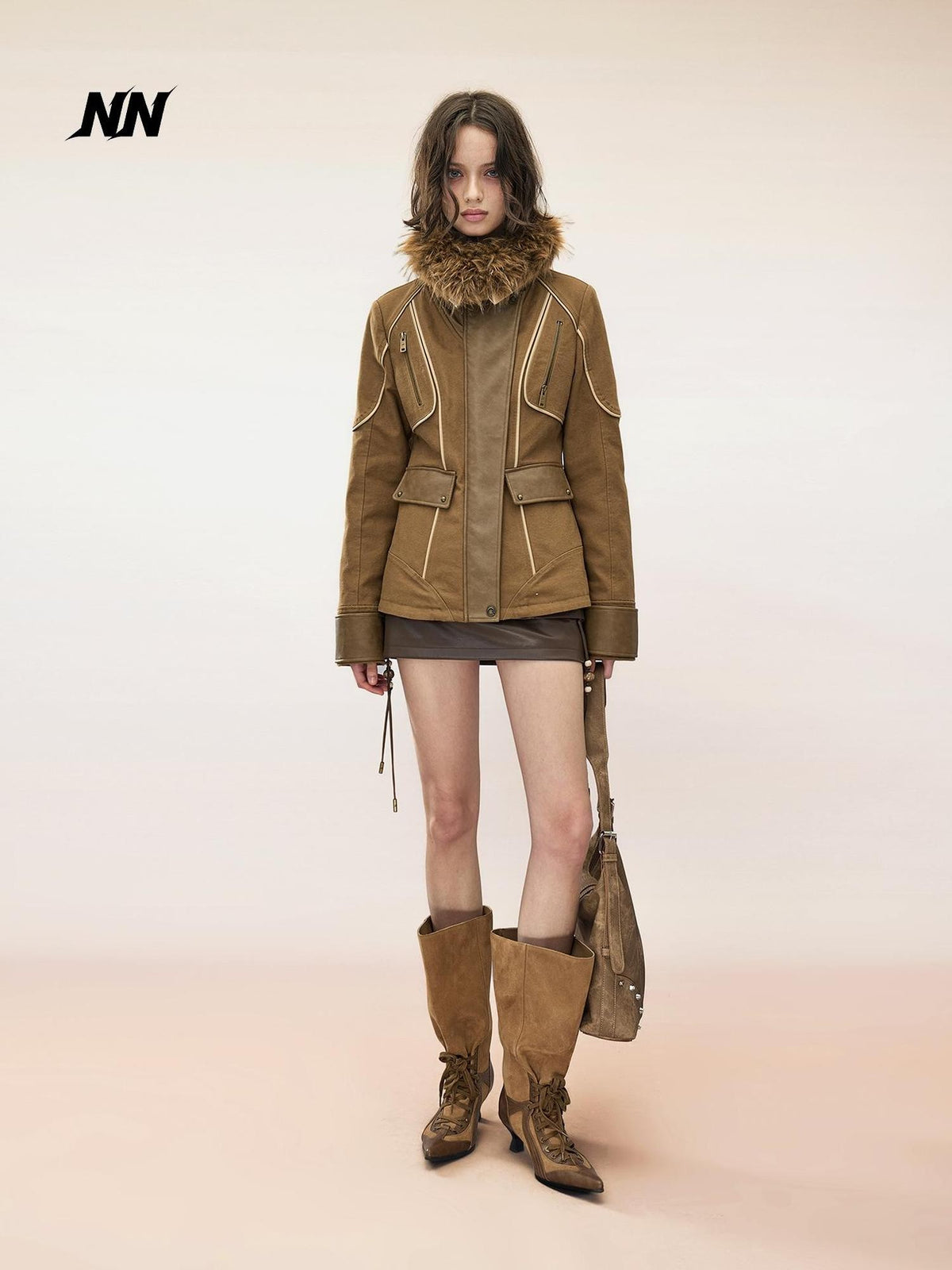 NORTH NODE Washed Twill Faux Leather Spliced Quilted Fur Collar Cinched Waist Women&