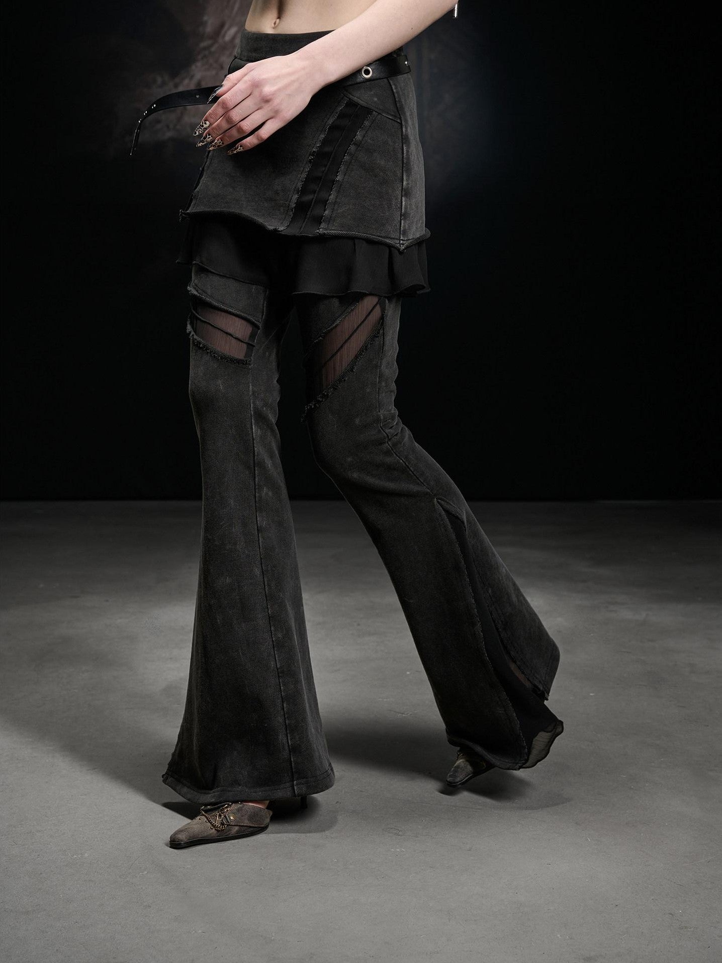 NORTH NODE Washed Vintage Chiffon Panel Slimming Micro Flare Women&