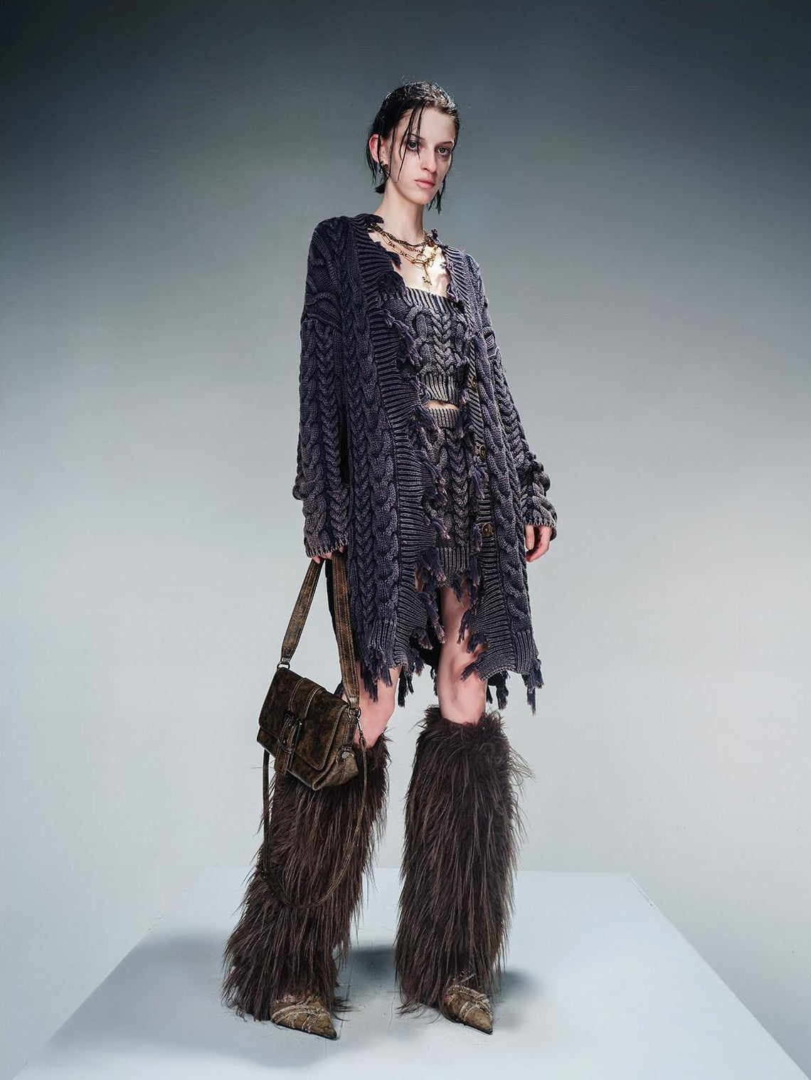 NORTH NODE Washed Vintage Distressed Cable Knit Women&