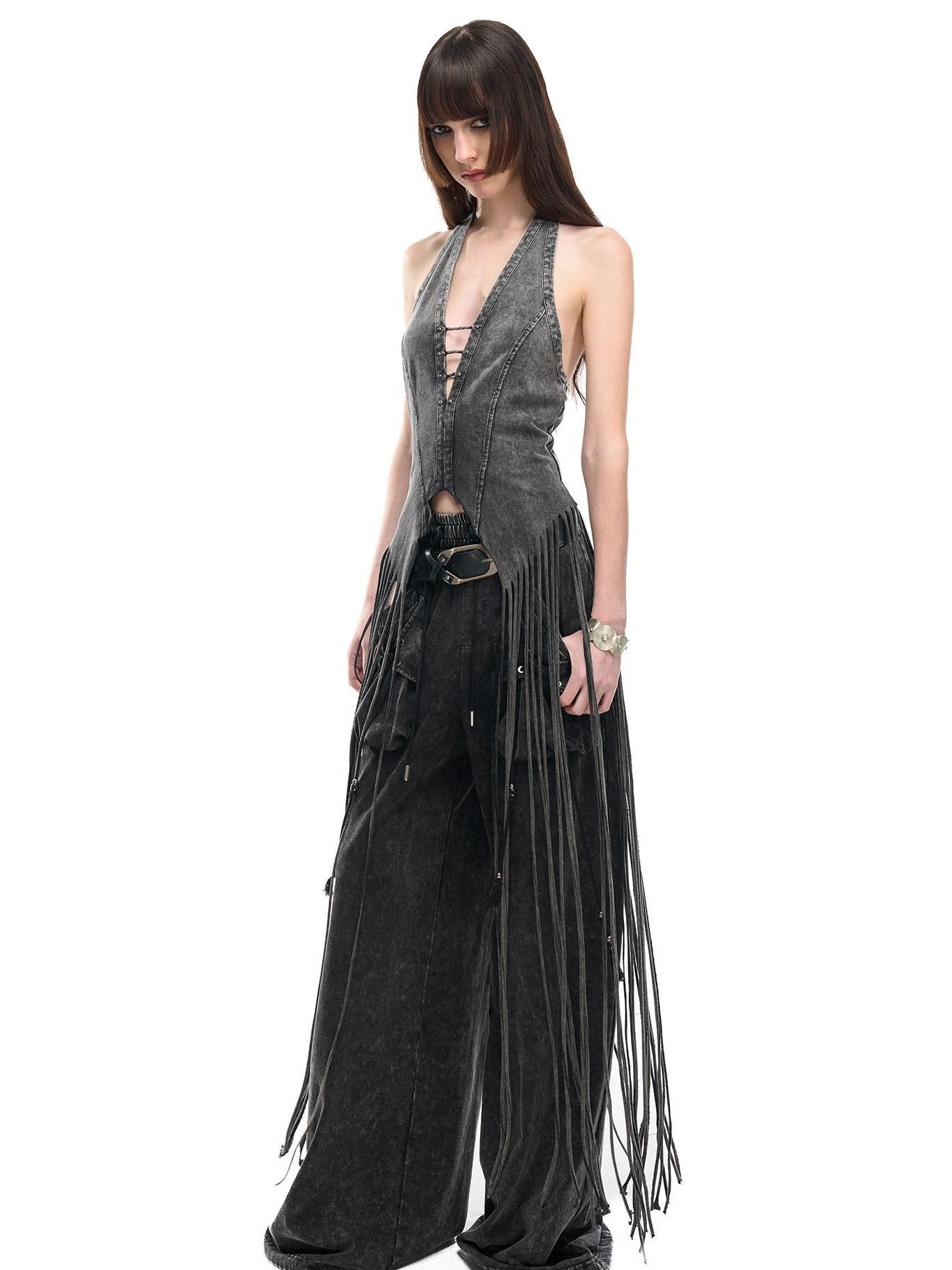 NORTH NODE Washed Vintage Faded V-neck Long Tassel Women&