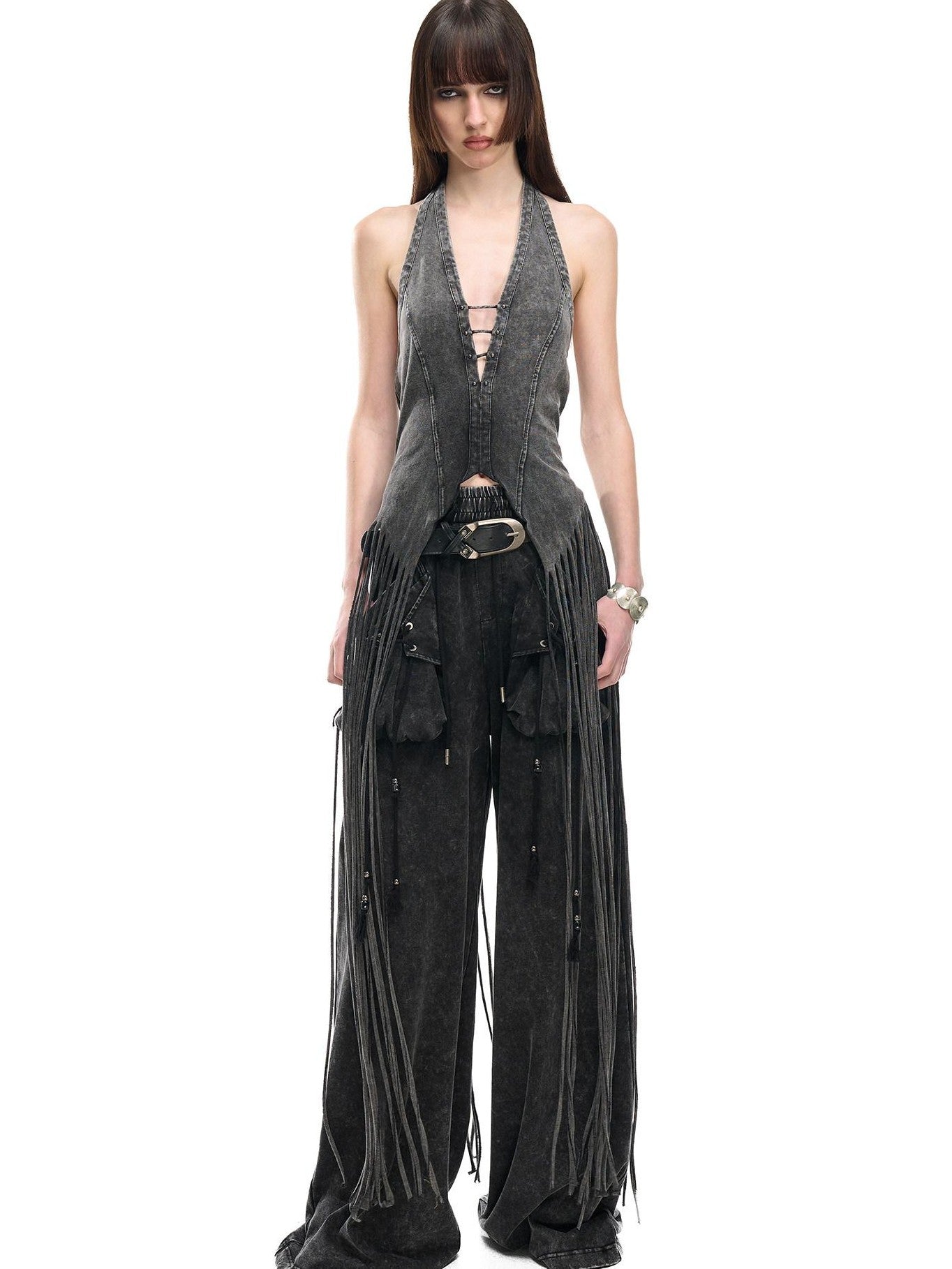 NORTH NODE Washed Vintage Faded V-neck Long Tassel Women&