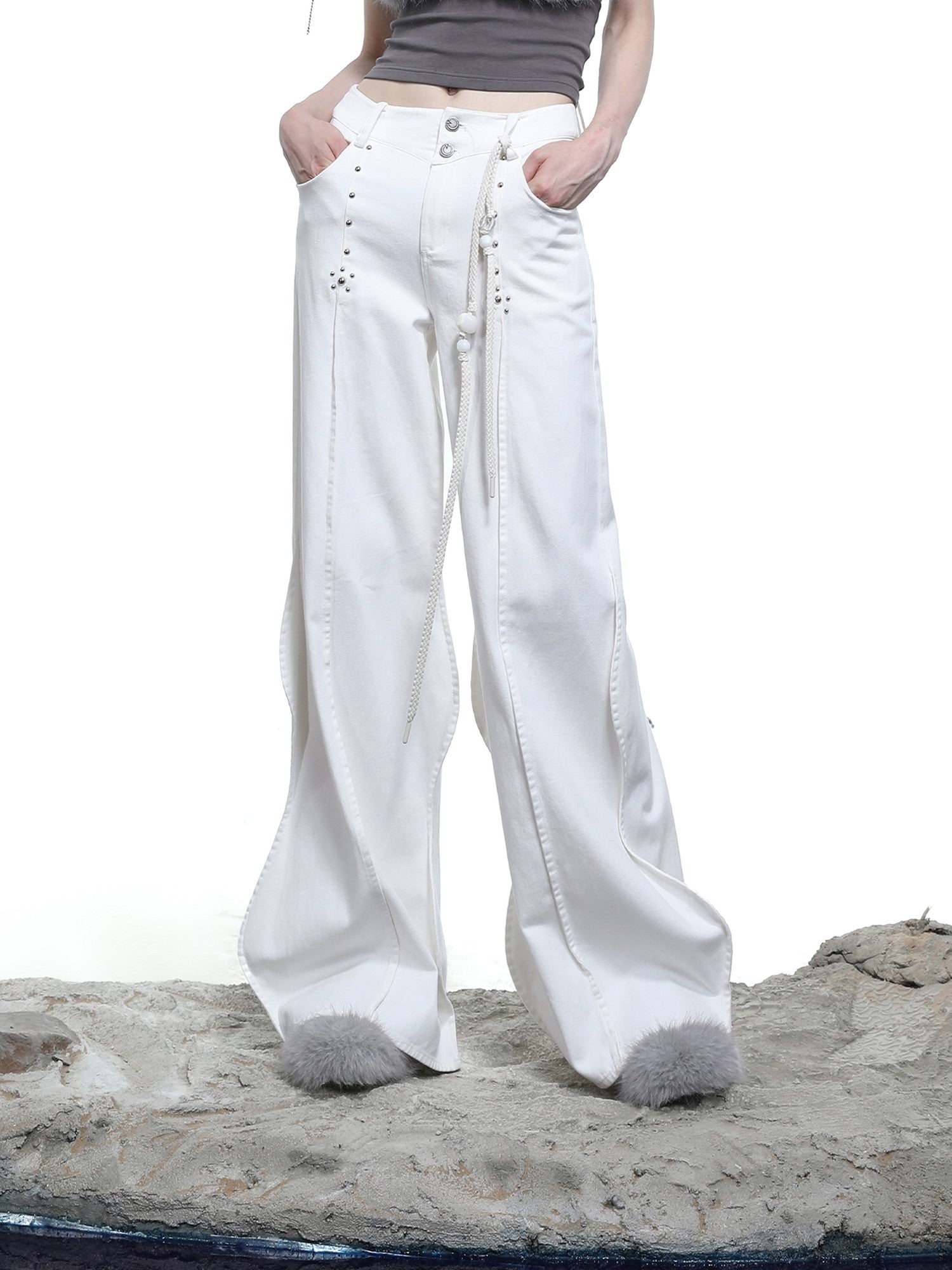 NORTH NODE Wavy Rivet Embellished Wave Hem Relaxed Fit Women&