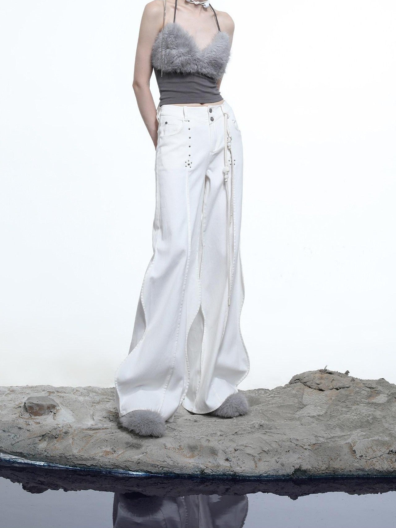 NORTH NODE Wavy Rivet Embellished Wave Hem Relaxed Fit Women&