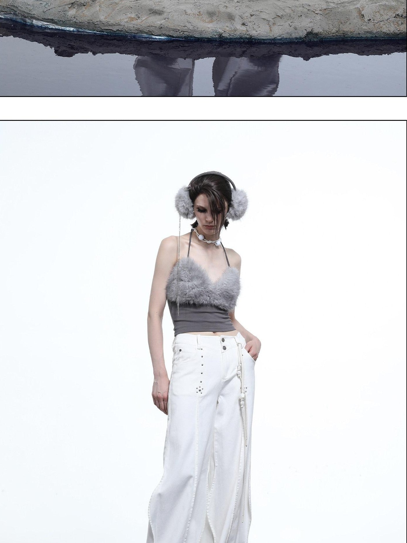 NORTH NODE Wavy Rivet Embellished Wave Hem Relaxed Fit Women&