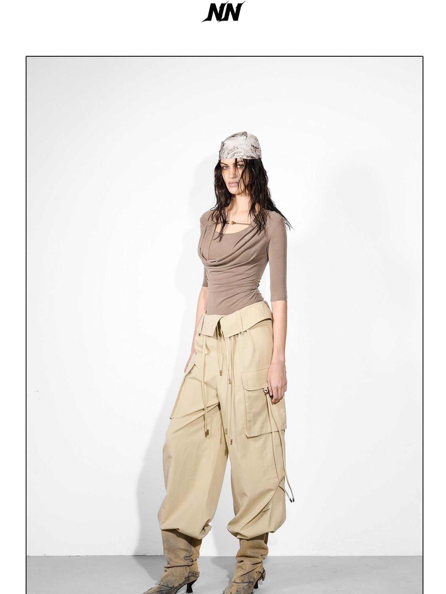 NORTH NODE Wide Leg Turnover Waist Paratrooper Utility Women&