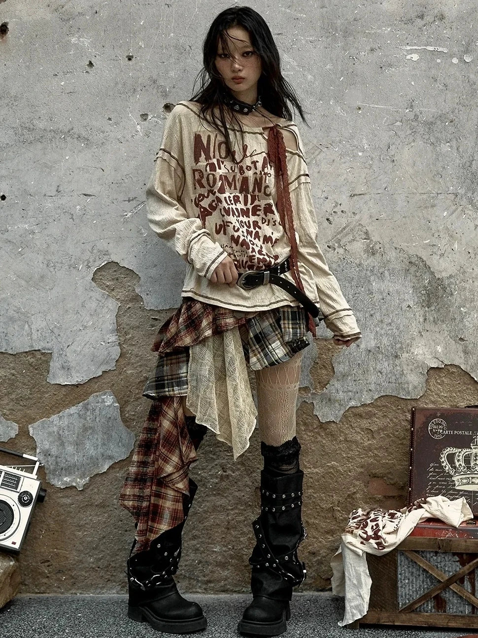 NO ROMANCE Adjustable Neckline Oversized Bow Print Apricot Cotton Women Longsleeve T-Shirt