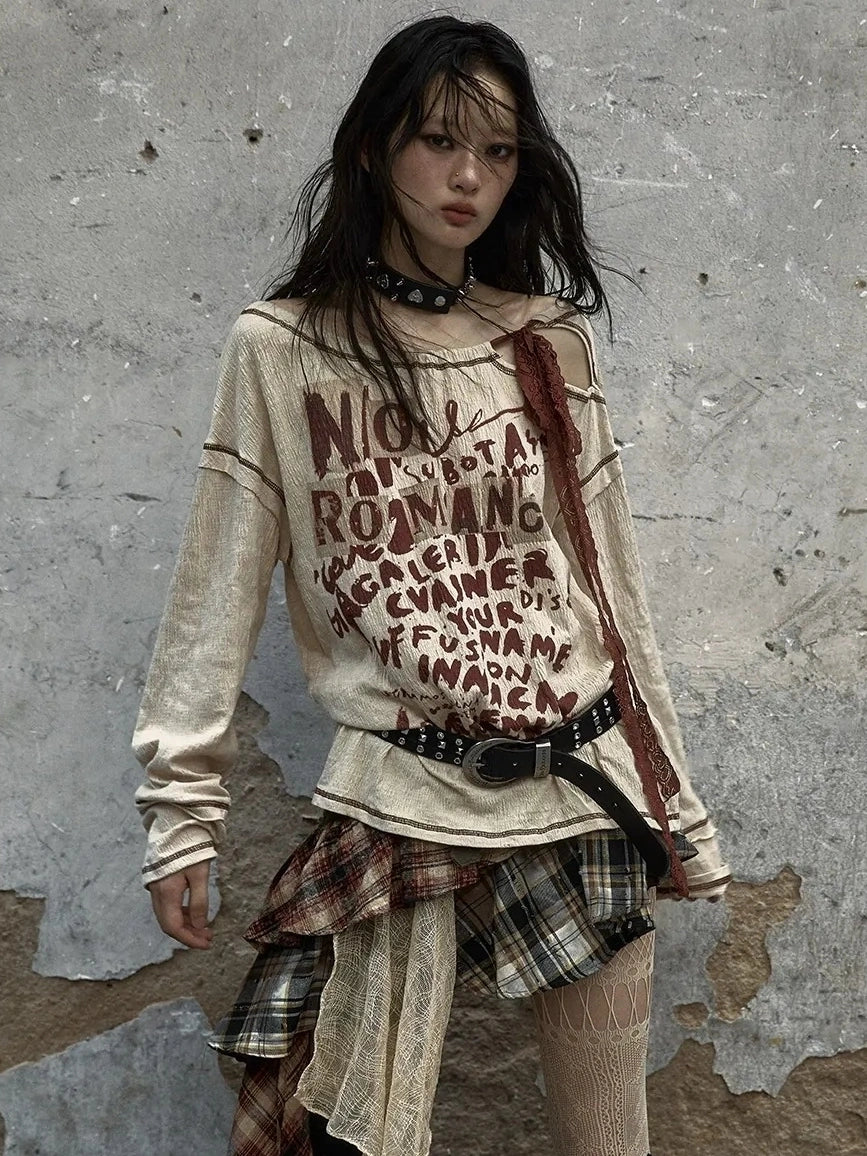 NO ROMANCE Adjustable Neckline Oversized Bow Print Apricot Cotton Women Longsleeve T-Shirt