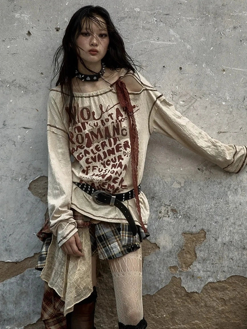 NO ROMANCE Adjustable Neckline Oversized Bow Print Apricot Cotton Women Longsleeve T-Shirt