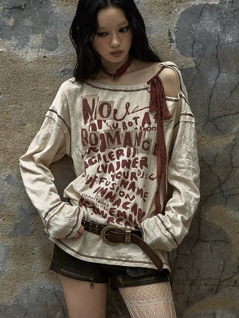 NO ROMANCE Adjustable Neckline Oversized Bow Print Apricot Cotton Women Longsleeve T-Shirt