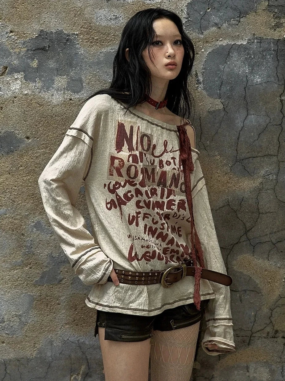 NO ROMANCE Adjustable Neckline Oversized Bow Print Apricot Cotton Women Longsleeve T-Shirt