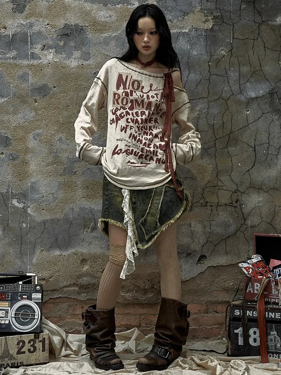 NO ROMANCE Adjustable Neckline Oversized Bow Print Apricot Cotton Women Longsleeve T-Shirt