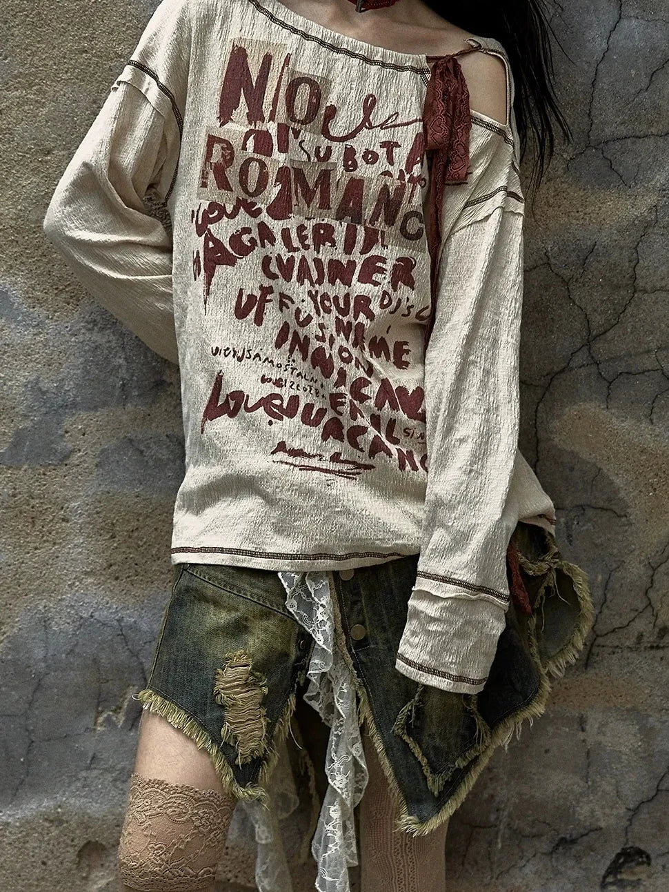 NO ROMANCE Adjustable Neckline Oversized Bow Print Apricot Cotton Women Longsleeve T-Shirt