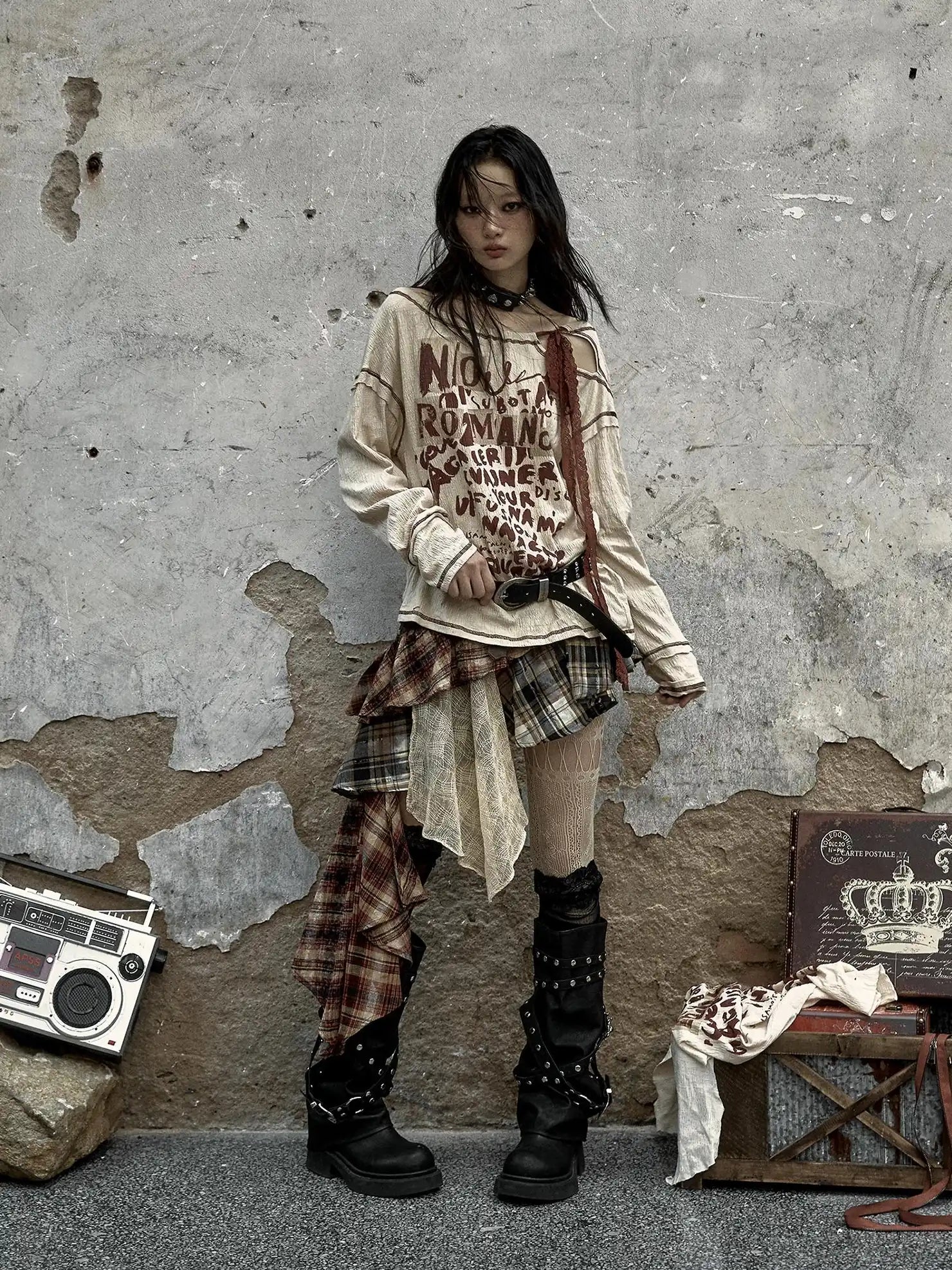 NO ROMANCE Adjustable Neckline Oversized Bow Print Apricot Cotton Women Longsleeve T-Shirt