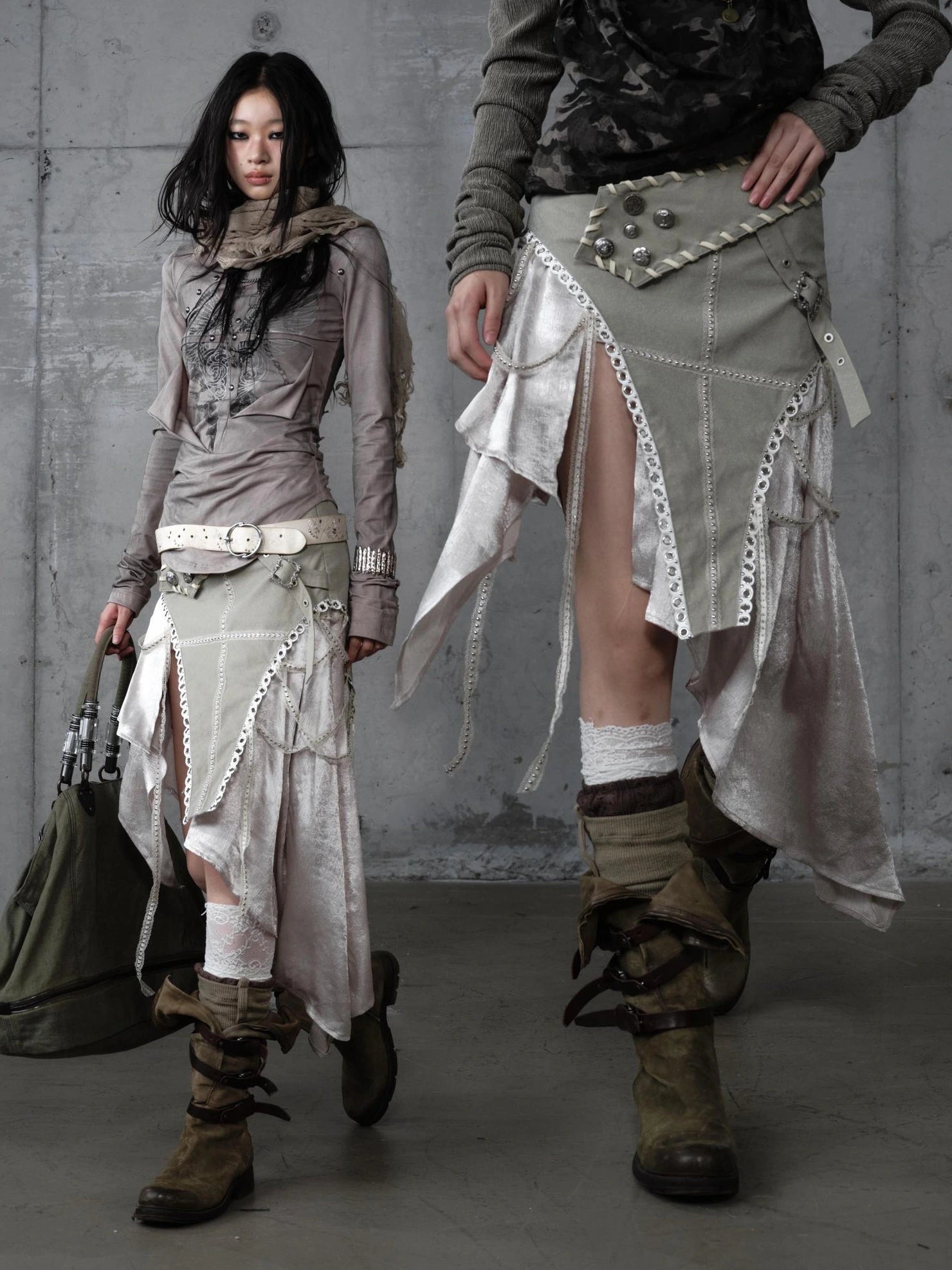 NO ROMANCE Asymmetric Side Slits Vintage Paneled Mid Waist Slim Fit Women A Line Skirt