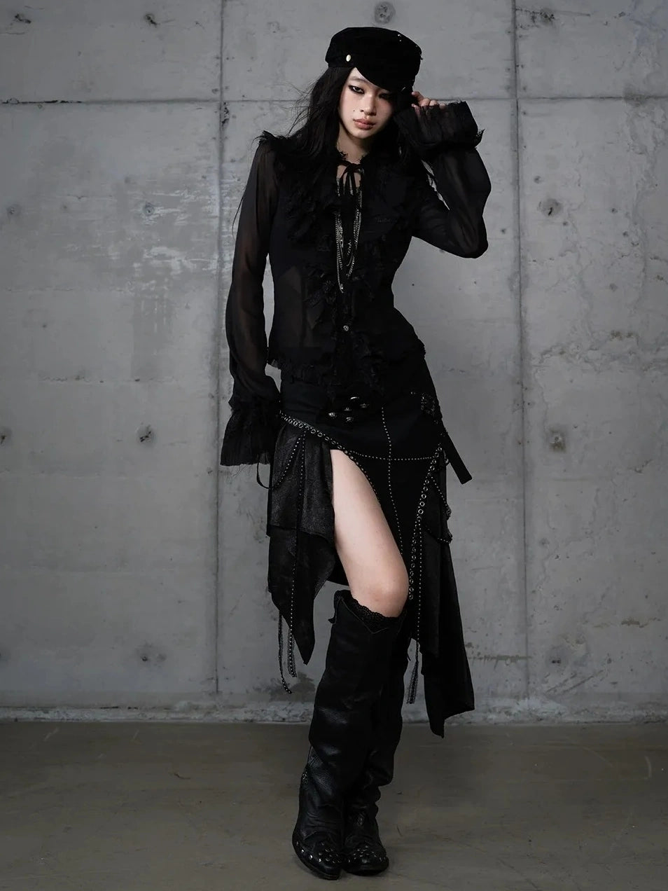 NO ROMANCE Asymmetric Side Slits Vintage Paneled Mid Waist Slim Fit Women A Line Skirt