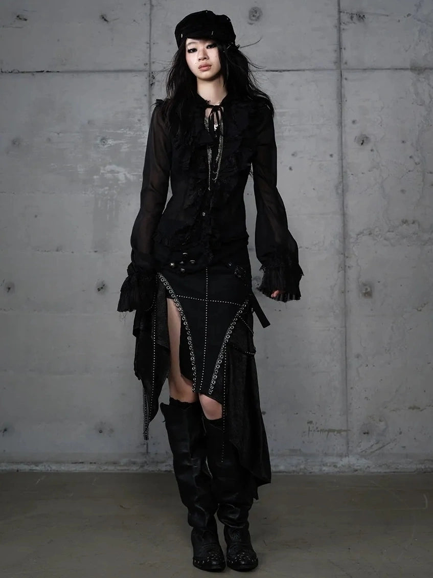 NO ROMANCE Asymmetric Side Slits Vintage Paneled Mid Waist Slim Fit Women A Line Skirt