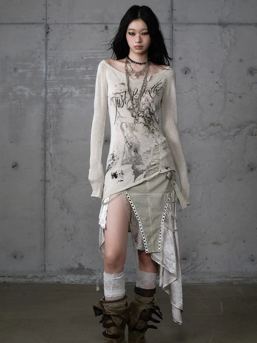 NO ROMANCE Asymmetric Side Slits Vintage Paneled Mid Waist Slim Fit Women A Line Skirt