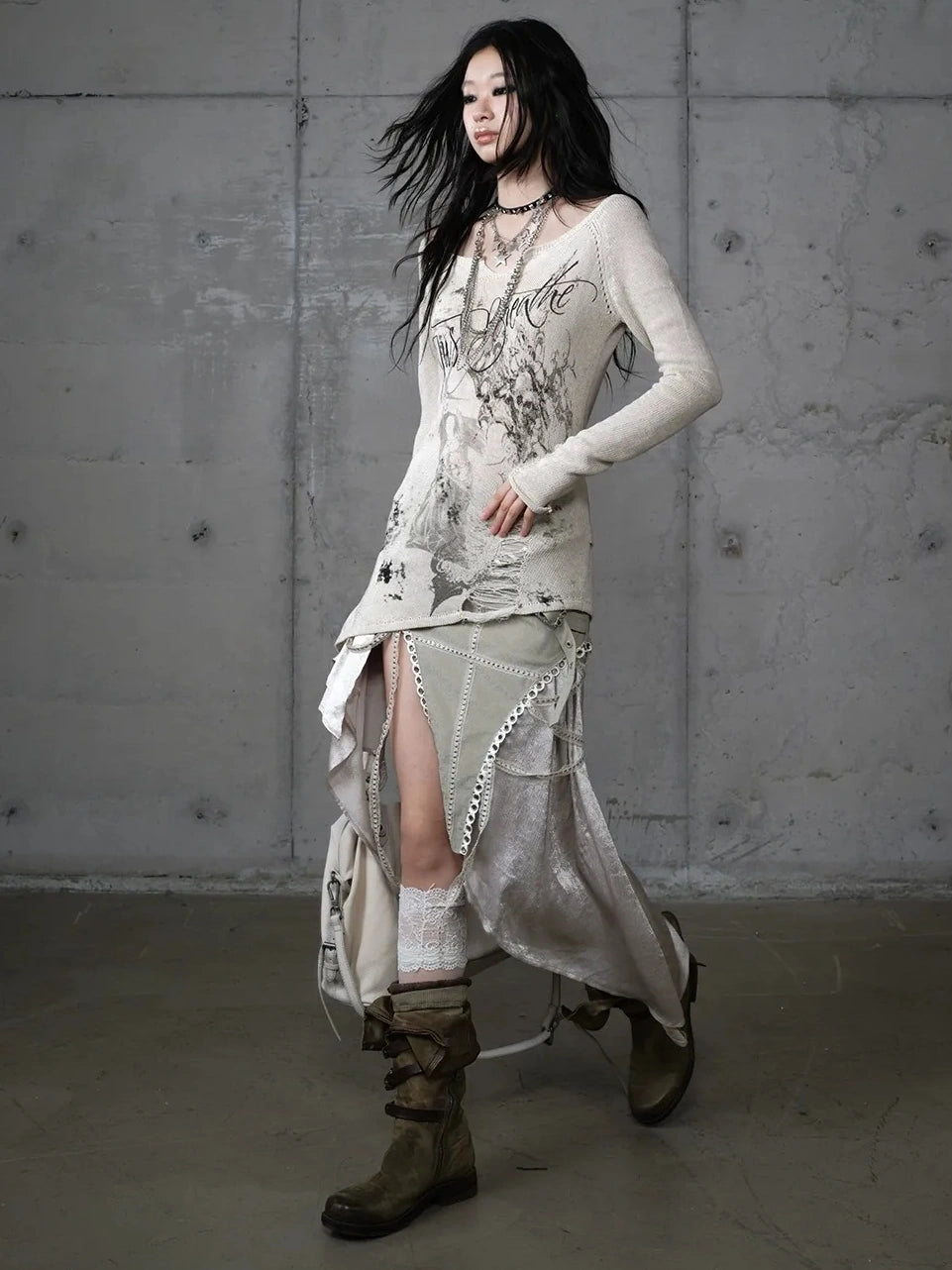 NO ROMANCE Asymmetric Side Slits Vintage Paneled Mid Waist Slim Fit Women A Line Skirt