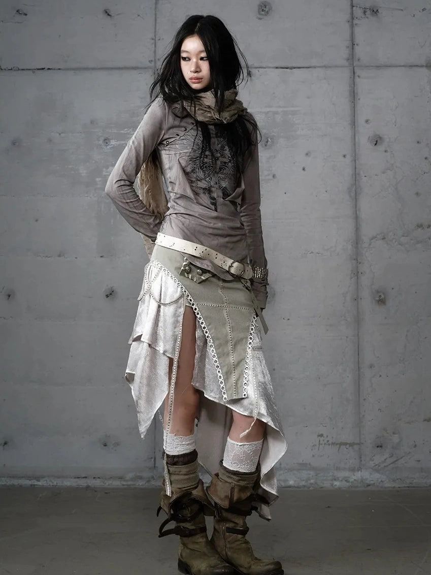 NO ROMANCE Asymmetric Side Slits Vintage Paneled Mid Waist Slim Fit Women A Line Skirt