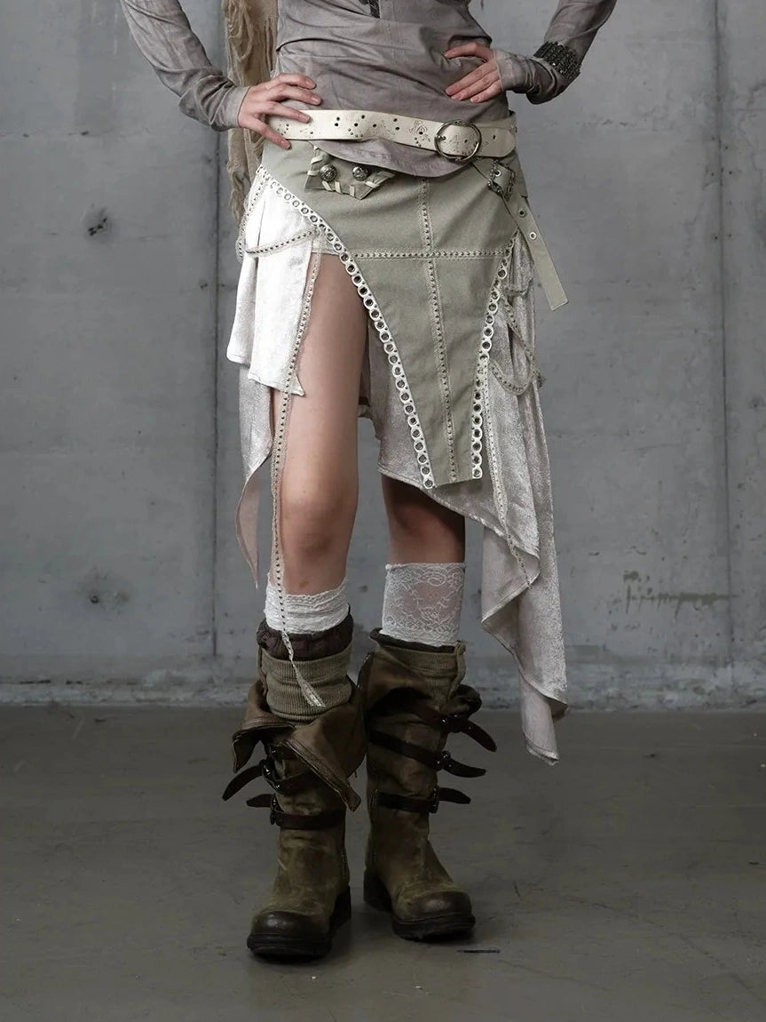 NO ROMANCE Asymmetric Side Slits Vintage Paneled Mid Waist Slim Fit Women A Line Skirt