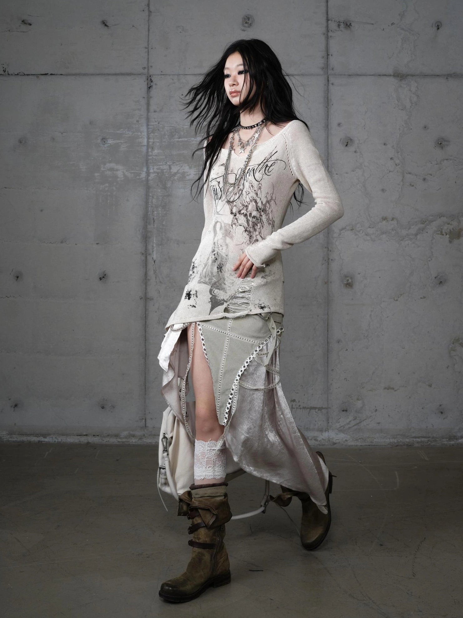 NO ROMANCE Asymmetric Side Slits Vintage Paneled Mid Waist Slim Fit Women A Line Skirt