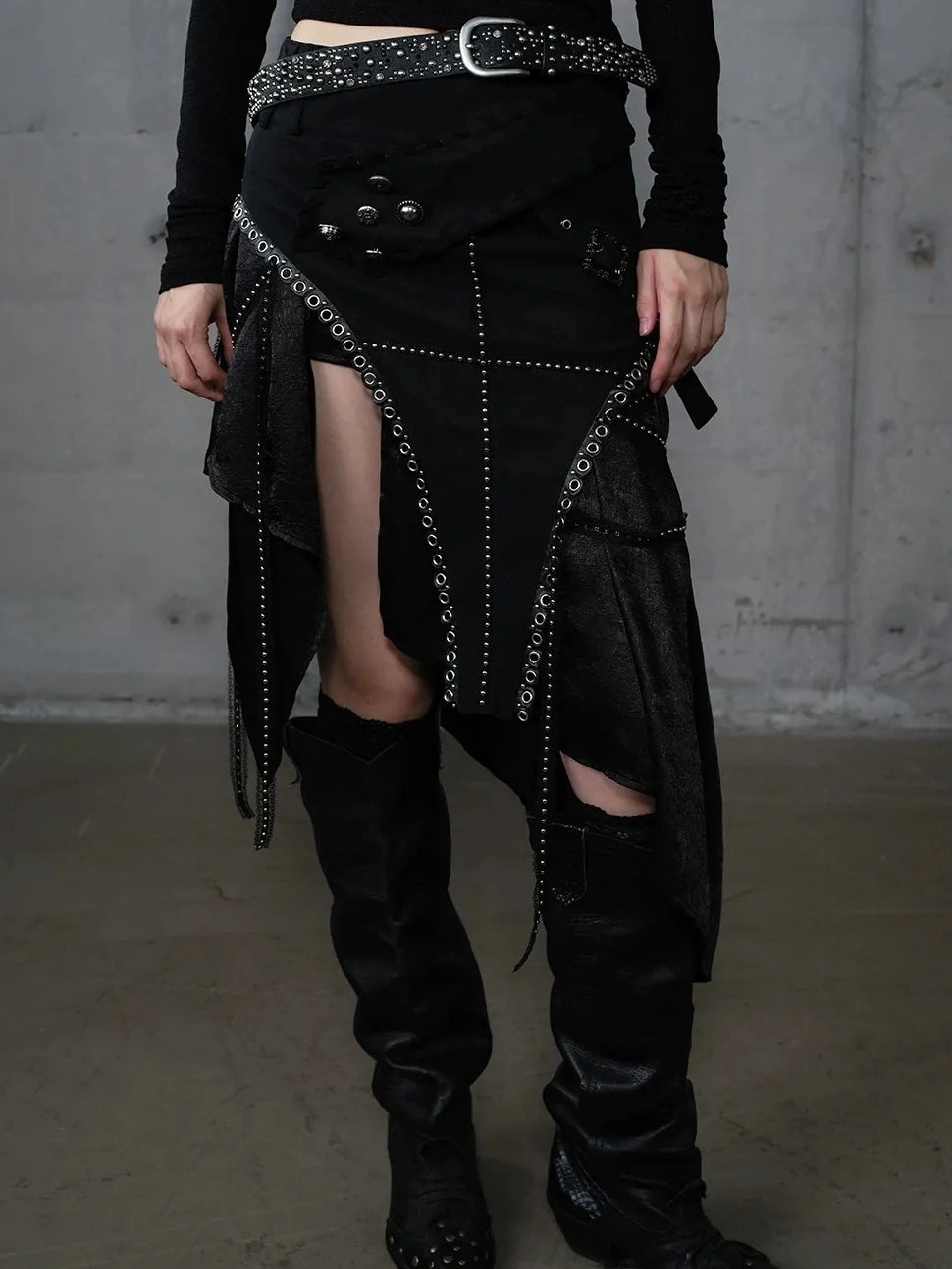 NO ROMANCE Asymmetric Side Slits Vintage Paneled Mid Waist Slim Fit Women A Line Skirt