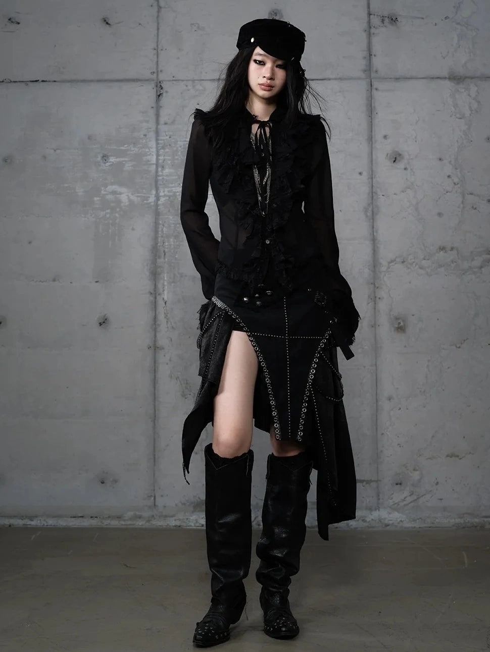 NO ROMANCE Asymmetric Side Slits Vintage Paneled Mid Waist Slim Fit Women A Line Skirt