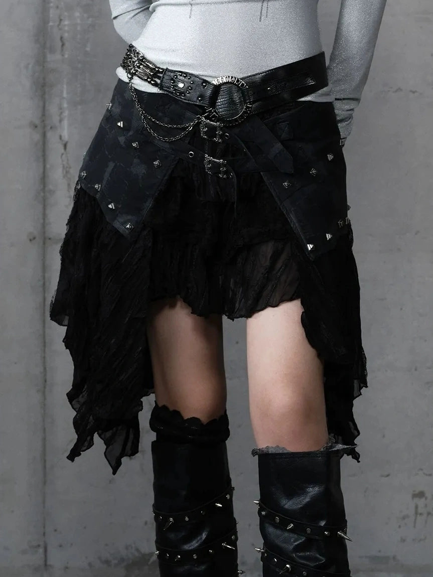 NO ROMANCE Asymmetrical Hem Tiered Lace Patchwork Mid Waist Punk Non Stretch Women Skirt