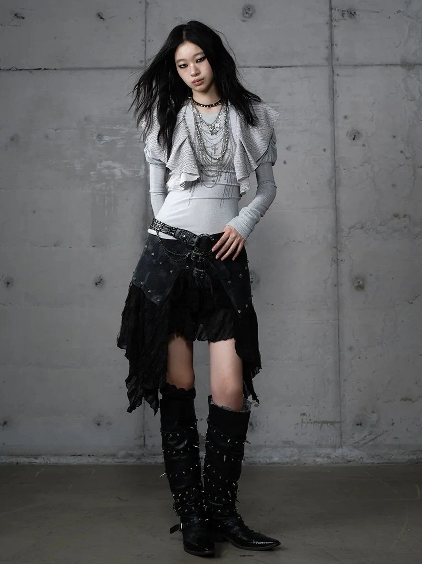 Asymmetrical Hem Tiered Lace Patchwork Mid Waist Punk Non Stretch Women Skirt