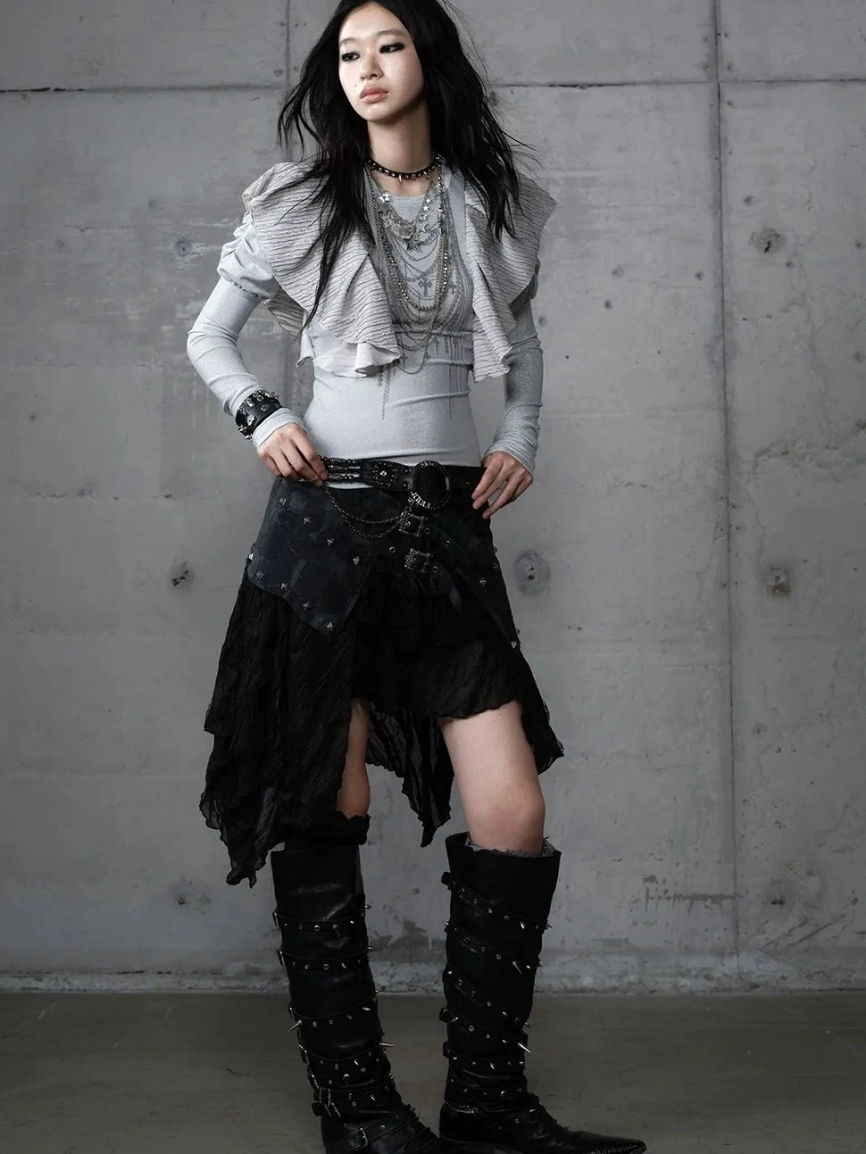 Asymmetrical Hem Tiered Lace Patchwork Mid Waist Punk Non Stretch Women Skirt