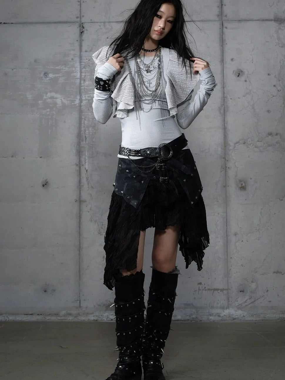 Asymmetrical Hem Tiered Lace Patchwork Mid Waist Punk Non Stretch Women Skirt