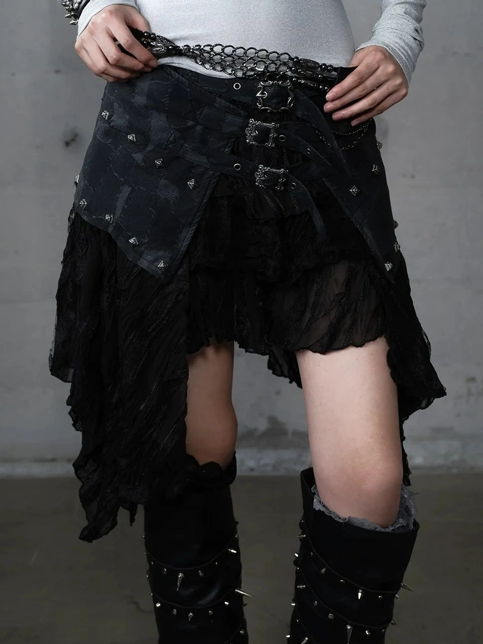 Asymmetrical Hem Tiered Lace Patchwork Mid Waist Punk Non Stretch Women Skirt