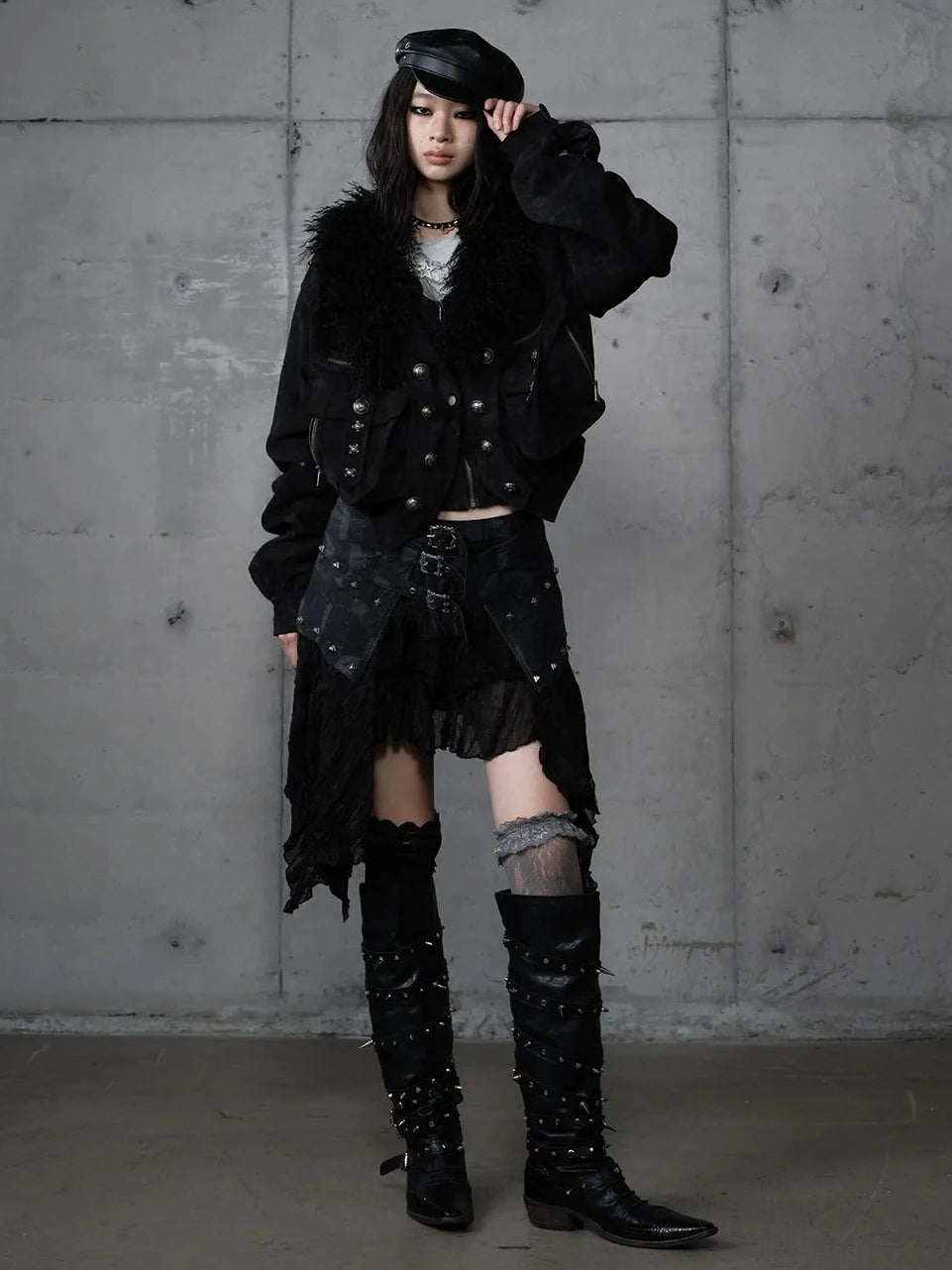 Asymmetrical Hem Tiered Lace Patchwork Mid Waist Punk Non Stretch Women Skirt