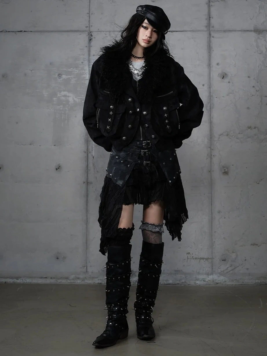 Asymmetrical Hem Tiered Lace Patchwork Mid Waist Punk Non Stretch Women Skirt