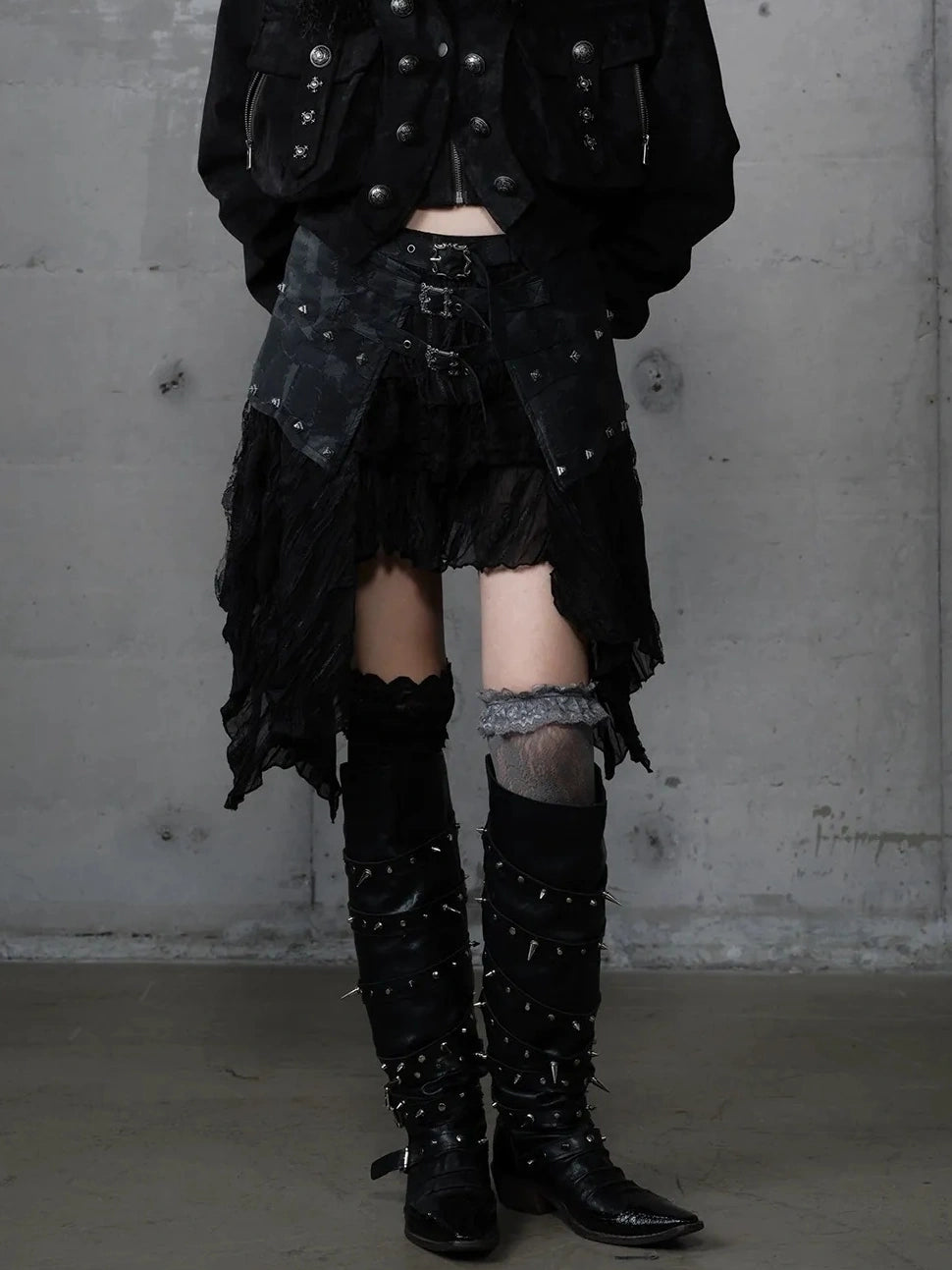 Asymmetrical Hem Tiered Lace Patchwork Mid Waist Punk Non Stretch Women Skirt