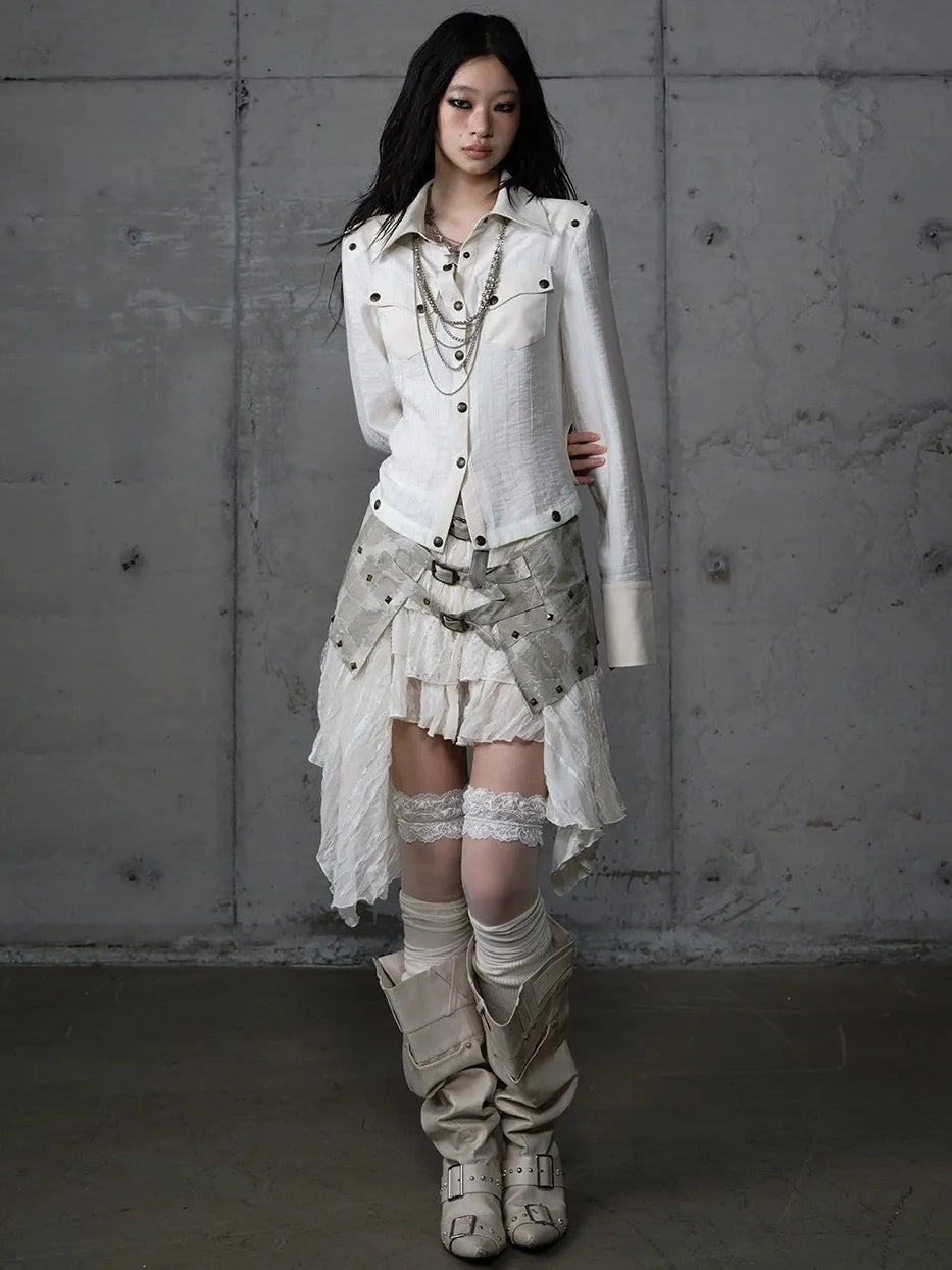 NO ROMANCE Asymmetrical Hem Tiered Lace Patchwork Mid Waist Punk Non Stretch Women Skirt