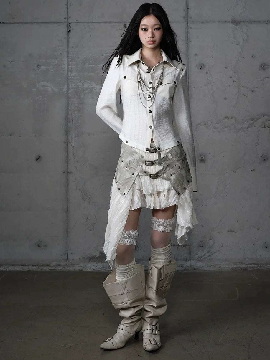 Asymmetrical Hem Tiered Lace Patchwork Mid Waist Punk Non Stretch Women Skirt