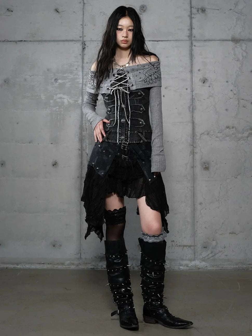 Asymmetrical Hem Tiered Lace Patchwork Mid Waist Punk Non Stretch Women Skirt