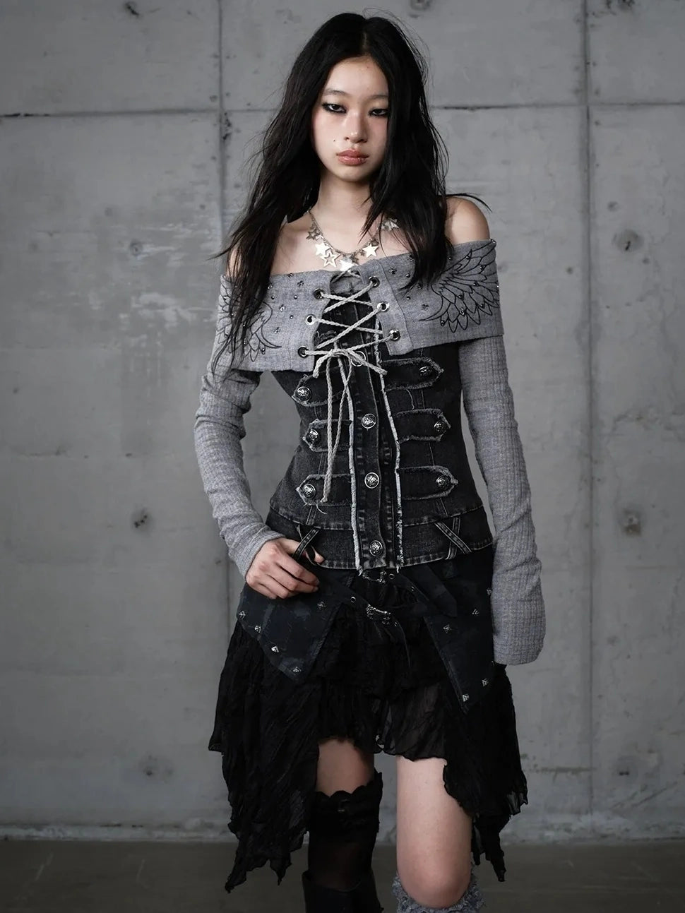 Asymmetrical Hem Tiered Lace Patchwork Mid Waist Punk Non Stretch Women Skirt