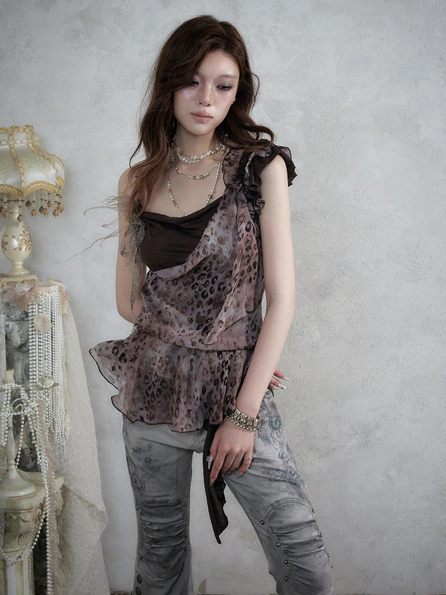NO ROMANCE Asymmetrical Leopard Cami Faux Two Piece Women&