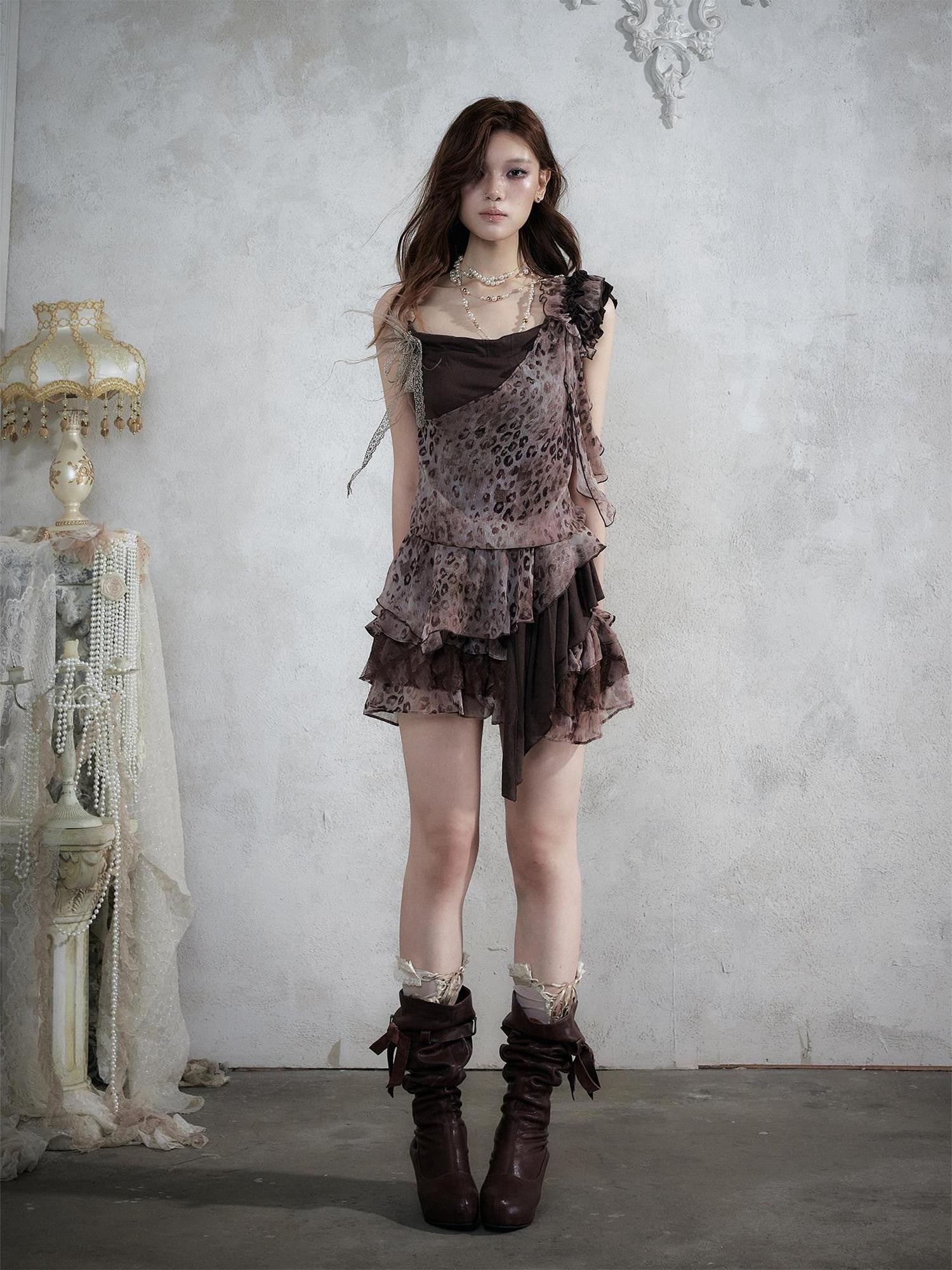 NO ROMANCE Asymmetrical Leopard Cami Faux Two Piece Women&