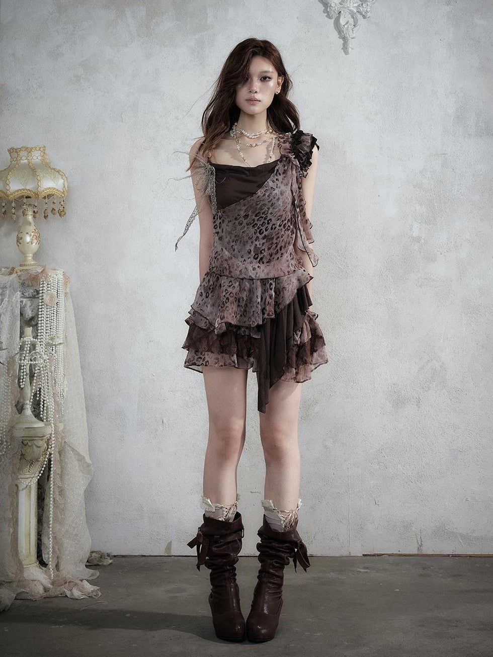 NO ROMANCE Asymmetrical Leopard Cami Faux Two Piece Women&